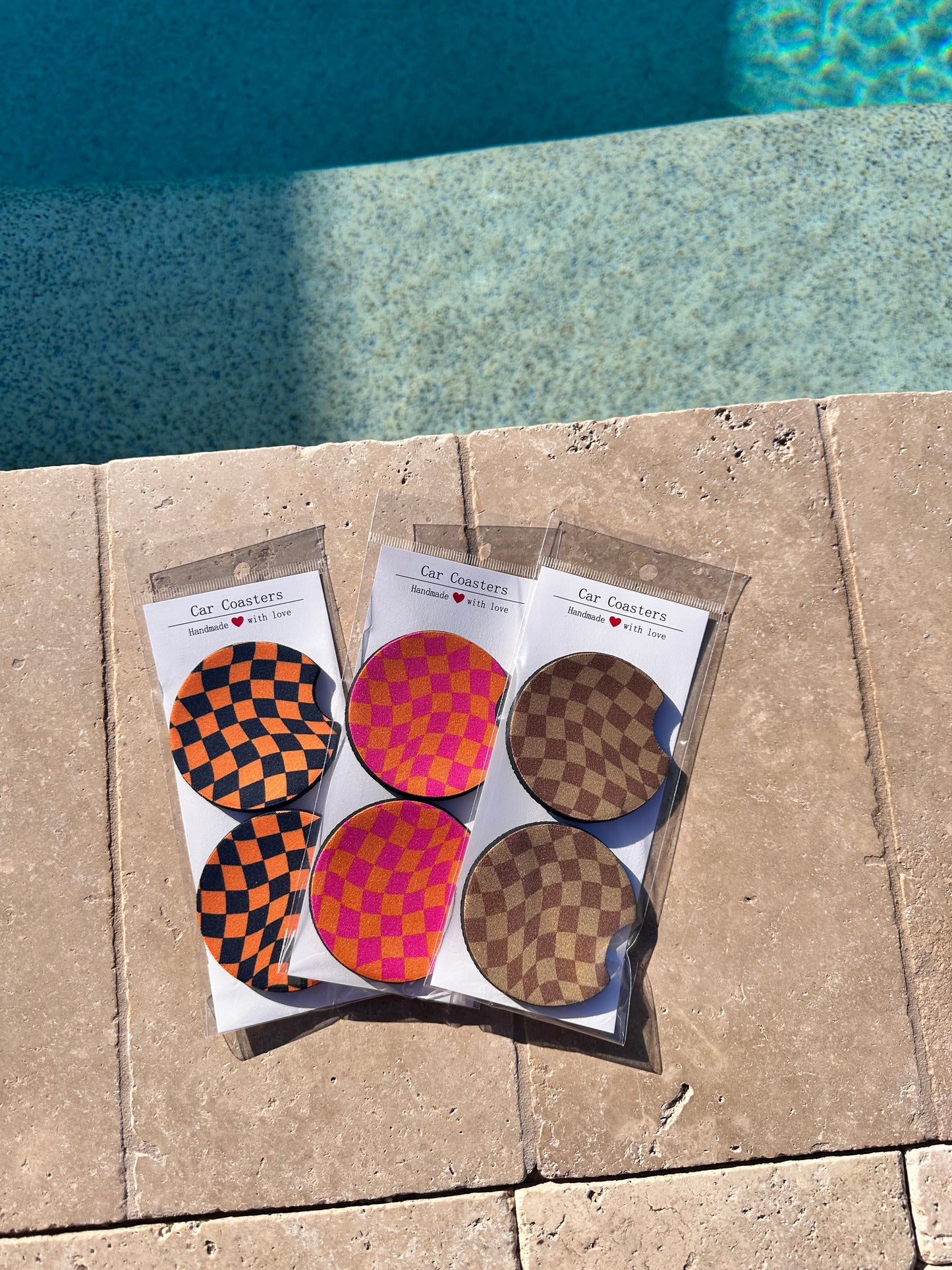Wholesale 8 pack- Car Coaster 2pc Set- Unpackaged - Foam Polyester -Made with sublimation - Many Designs