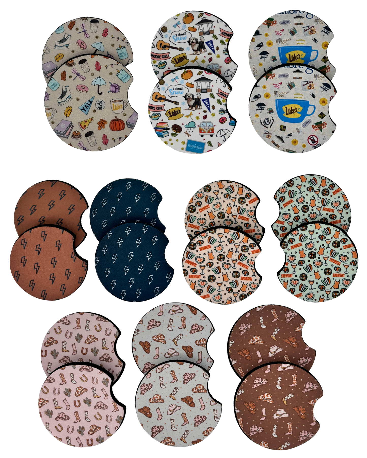Wholesale 8 pack- Car Coaster 2pc Set- Unpackaged - Foam Polyester -Made with sublimation - Many Designs