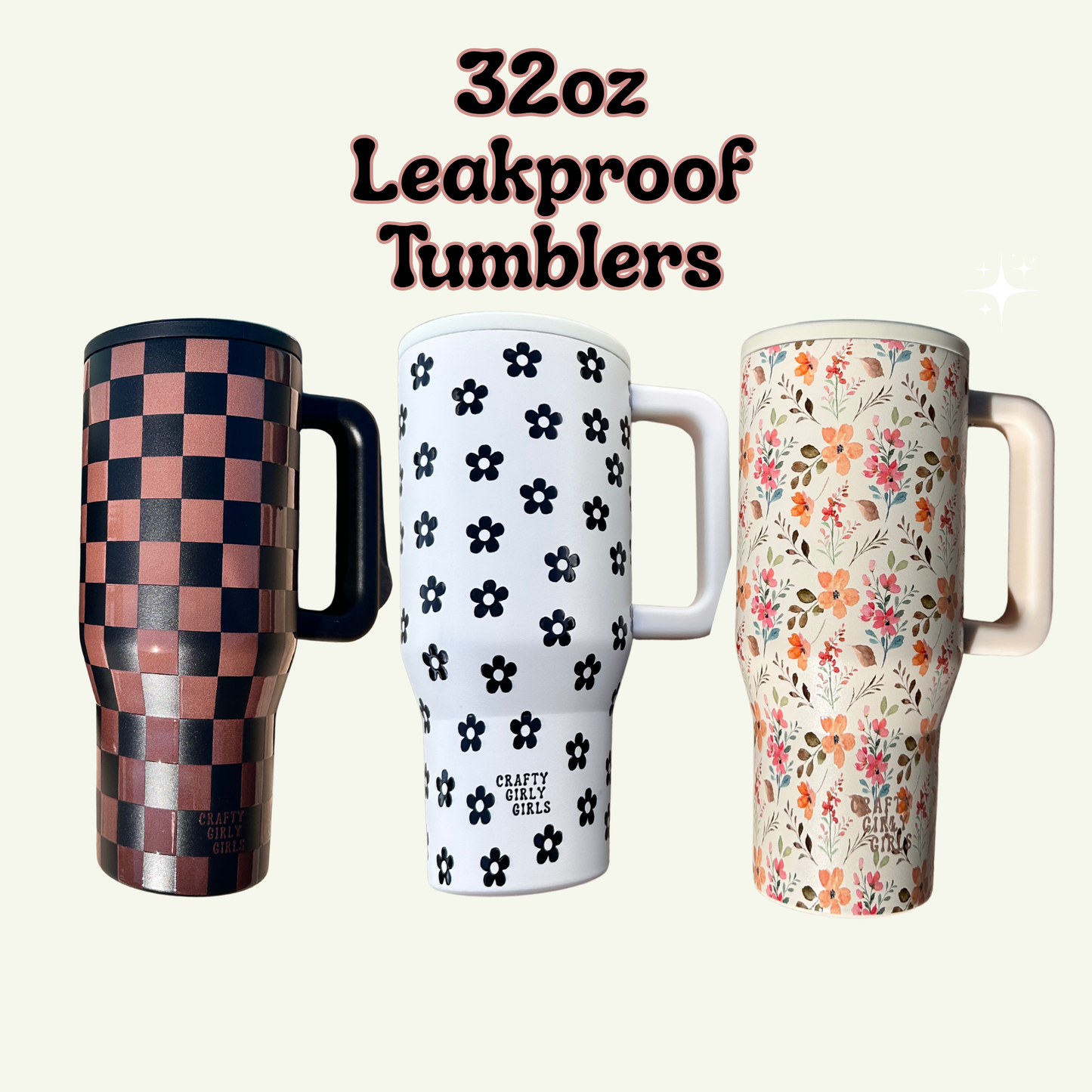 32oz Leak Proof Tumblers - UV Screen Printed - Checkered, Floral, Fall & Christmas