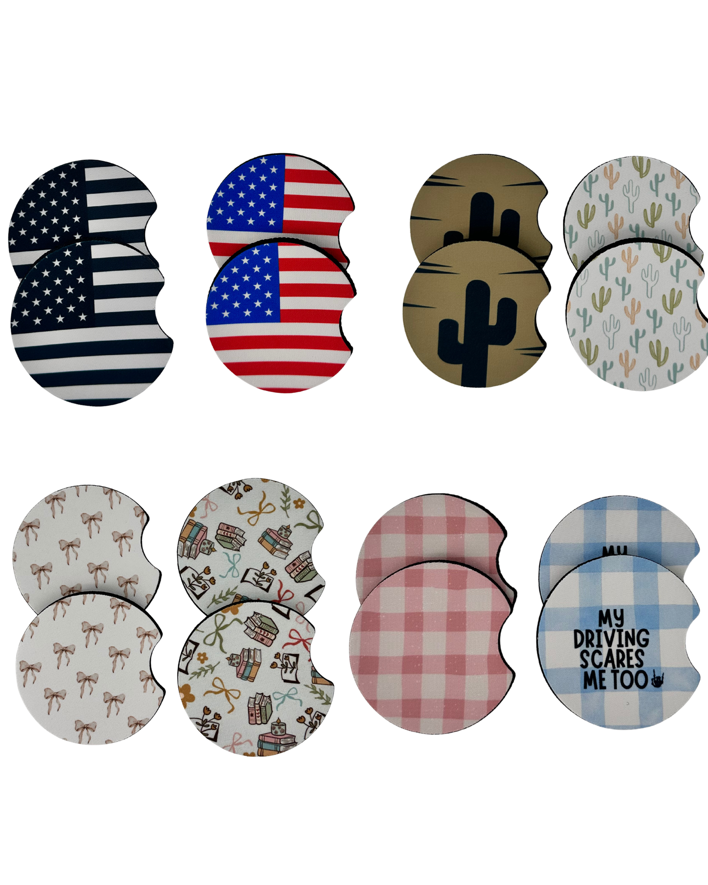 Wholesale 8 pack- Car Coaster 2pc Set- Unpackaged - Foam Polyester -Made with sublimation - Many Designs