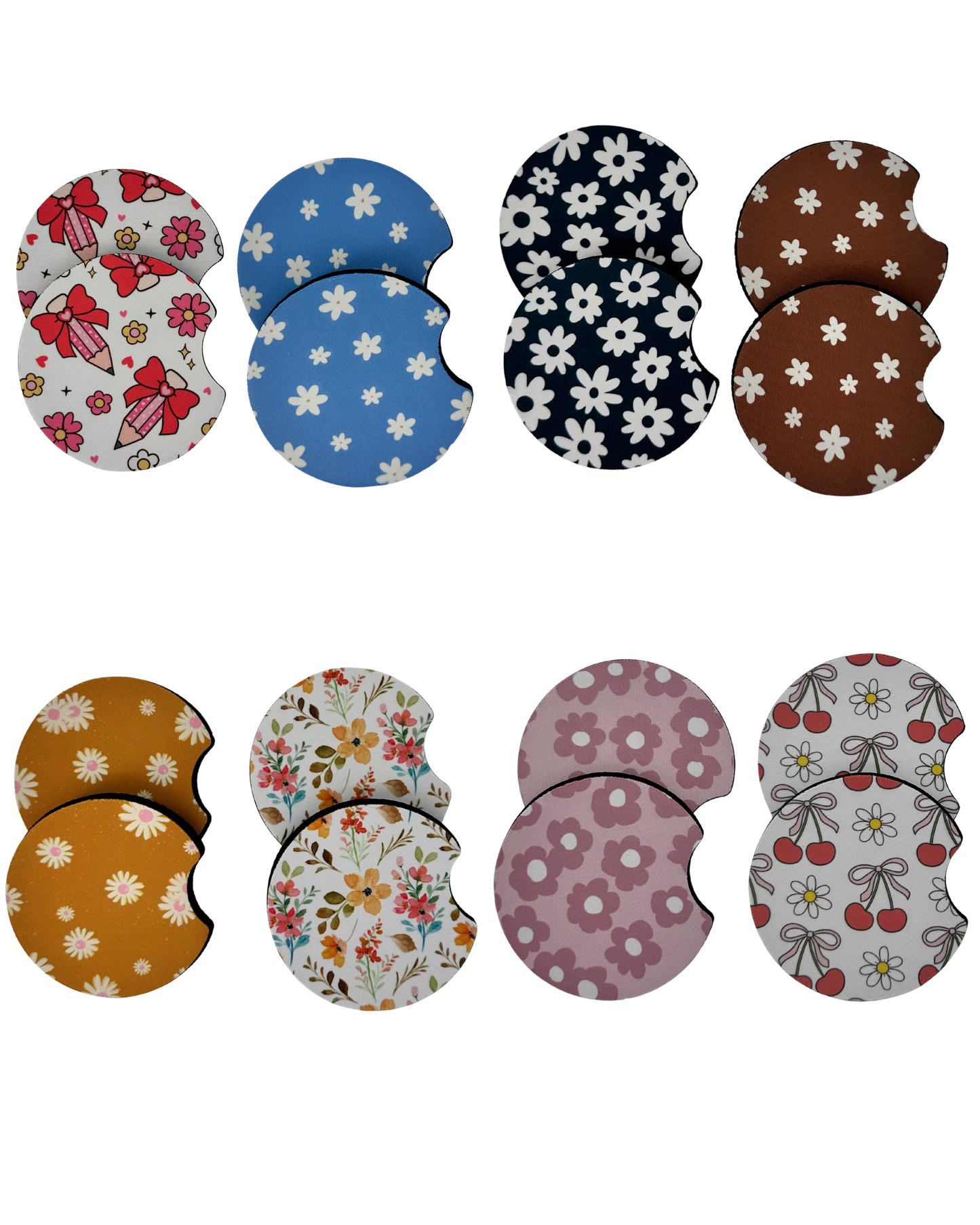 Wholesale 8 pack- Car Coaster 2pc Set- Unpackaged - Foam Polyester -Made with sublimation - Many Designs