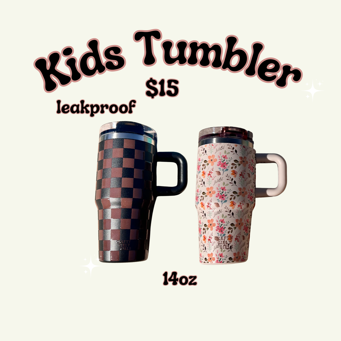 14ooz Kids Leak Proof Tumblers -UV Screen Printed - Checkered, Floral
