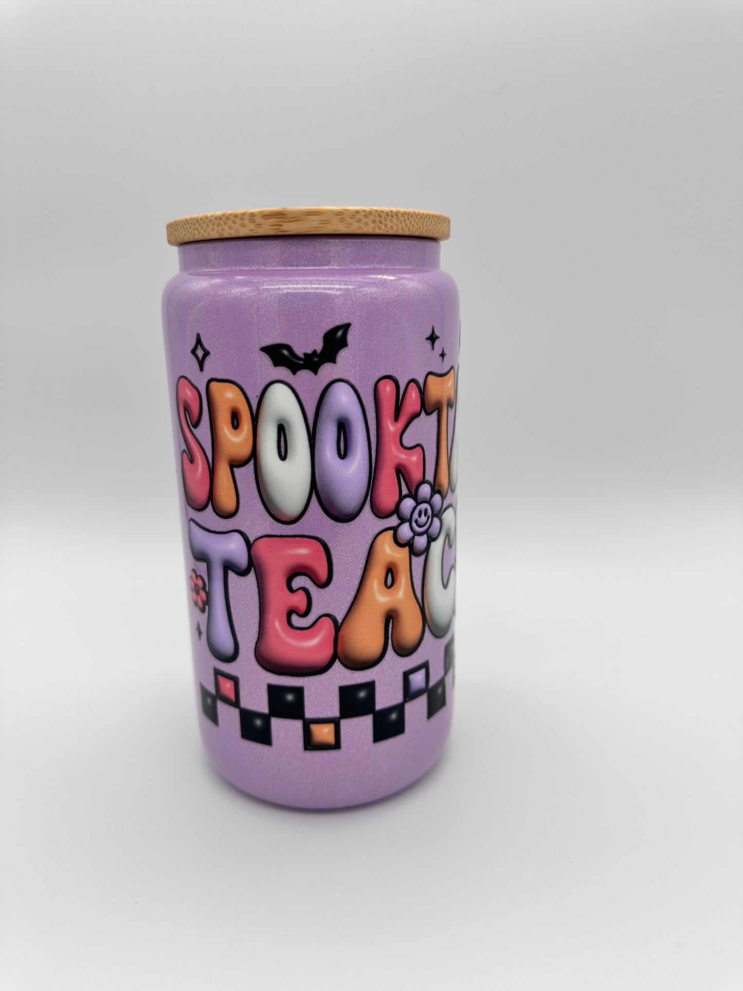 Spooktacular Teacher Purple Shimmer Glass Cup -16oz with lid + straw! UV DECAL