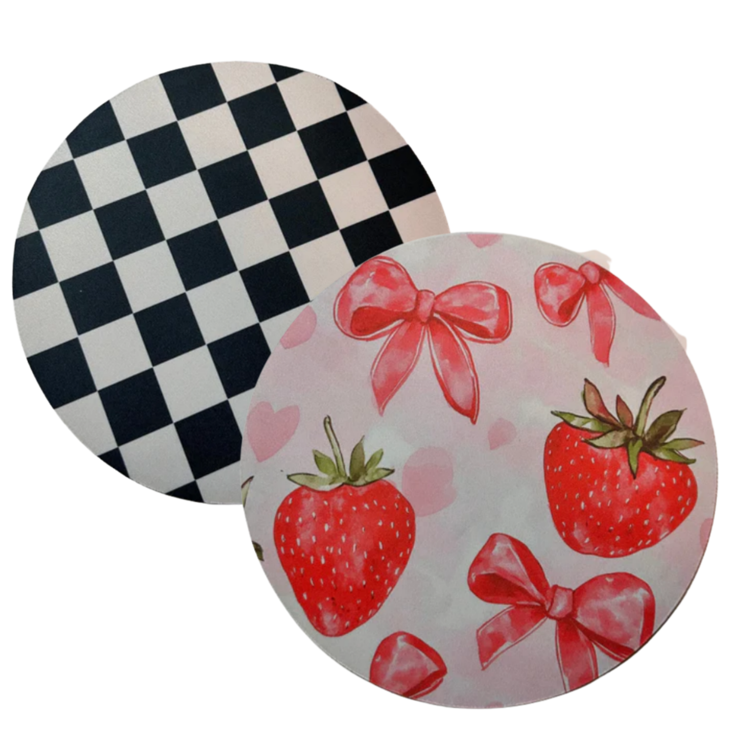 Handmade Computer Mousepads 8" Polyester. Checkered, Floral, Strawberry, Bows Sublimation Printed for Durability and Style