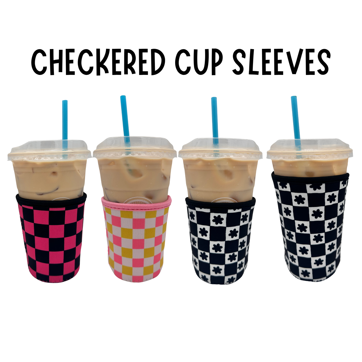 Hot Pink/Black Checkered Coffee Sleeve Coozies - Sweat Proof & Cute