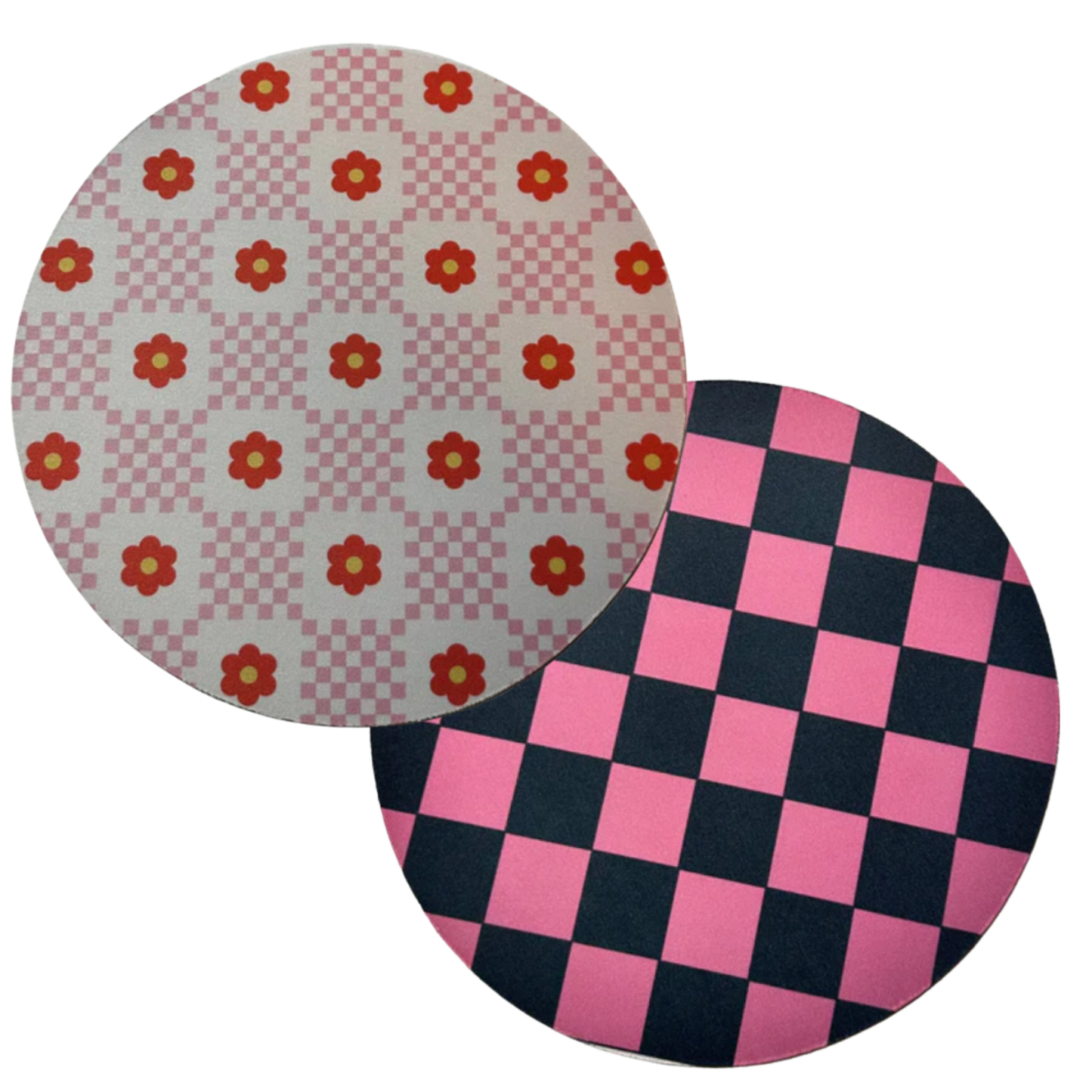 Handmade Computer Mousepads 8" Polyester. Checkered, Floral, Strawberry, Bows Sublimation Printed for Durability and Style