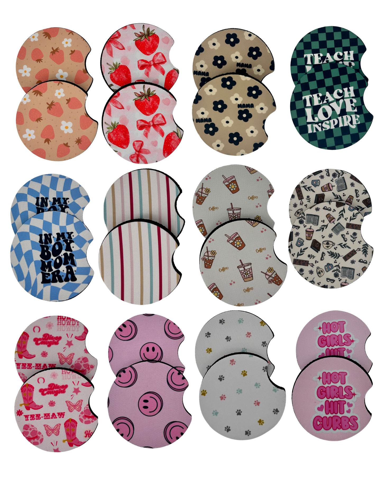Wholesale 8 pack- Car Coaster 2pc Set- Unpackaged - Foam Polyester -Made with sublimation - Many Designs