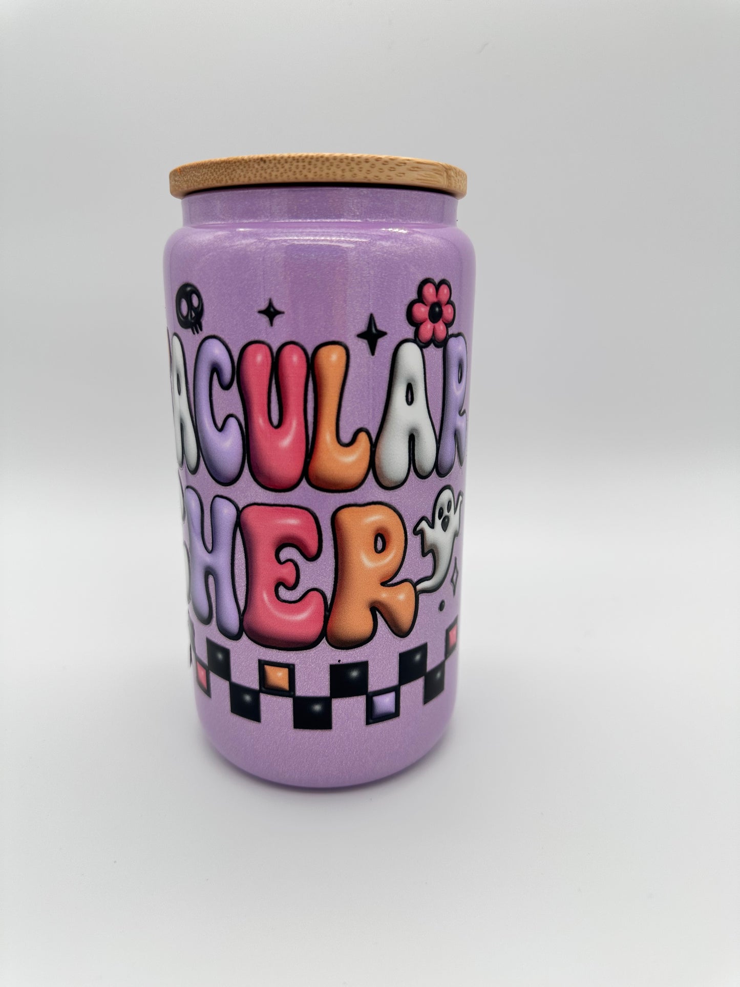 Spooktacular Teacher Purple Shimmer Glass Cup -16oz with lid + straw! UV DECAL