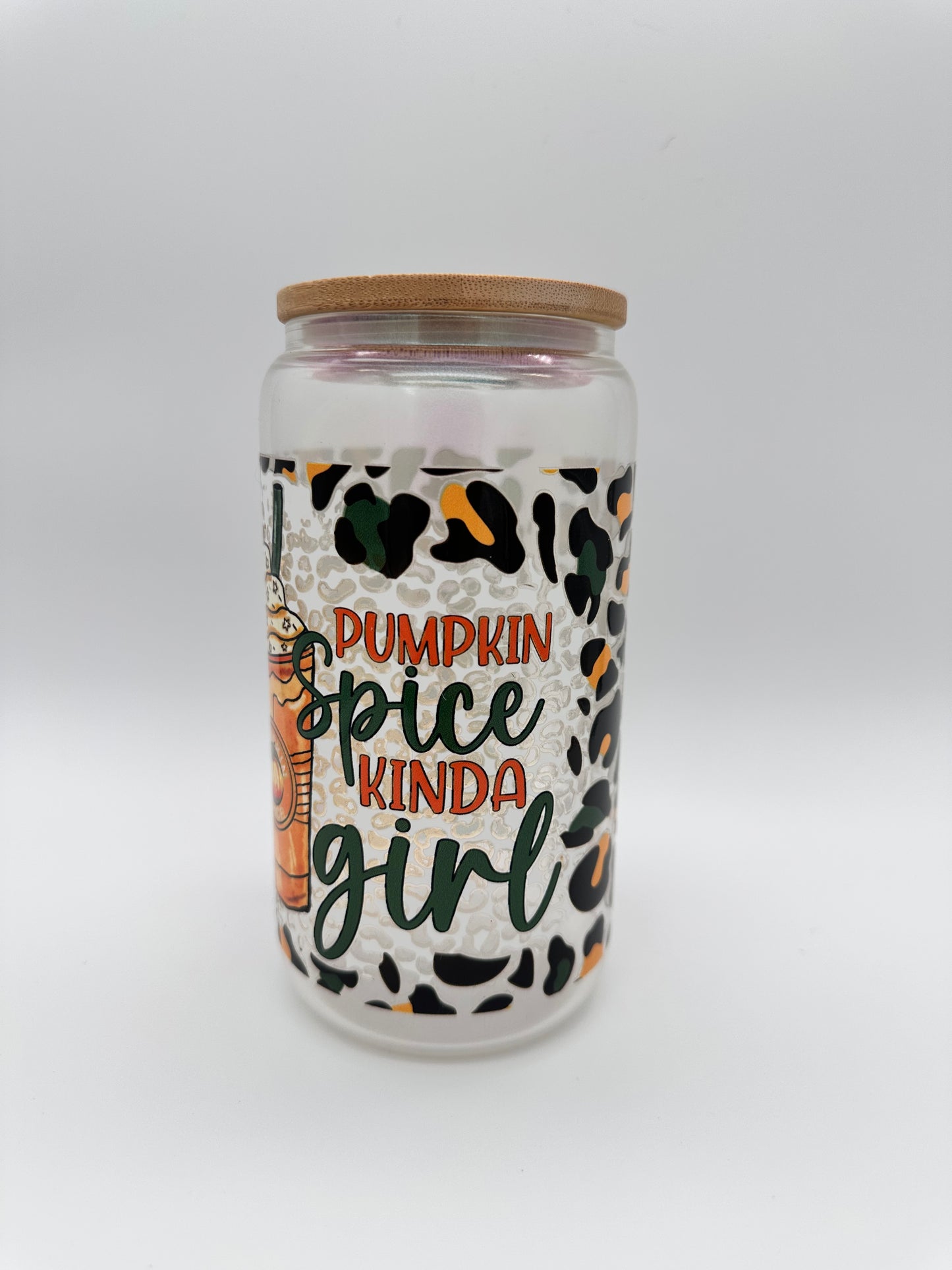 Pumpkin Spice Kinda Girl Green Iridescent Glass Cup -16oz with lid + straw! UV DECAL