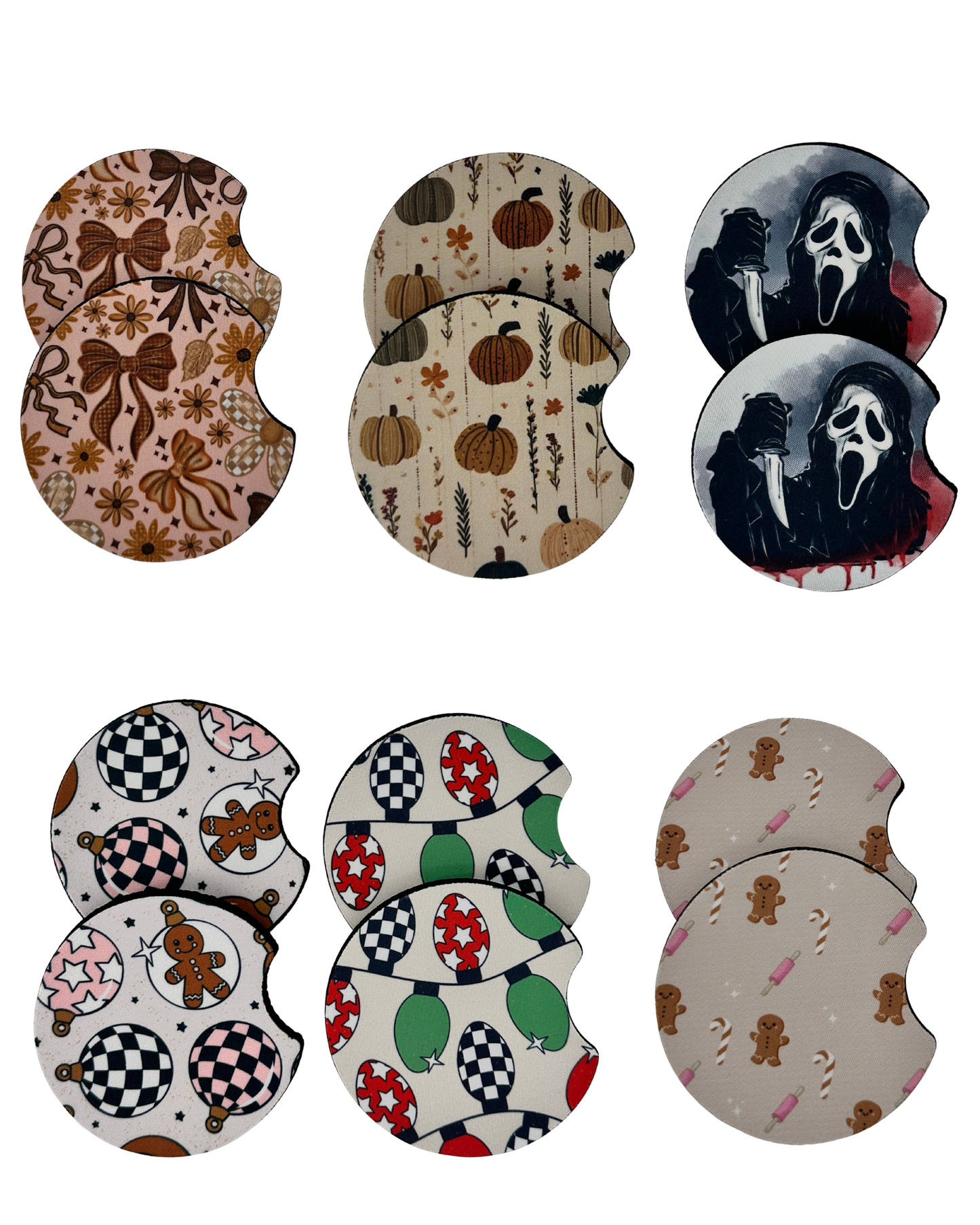 Wholesale 8 pack- Car Coaster 2pc Set- Unpackaged - Foam Polyester -Made with sublimation - Many Designs