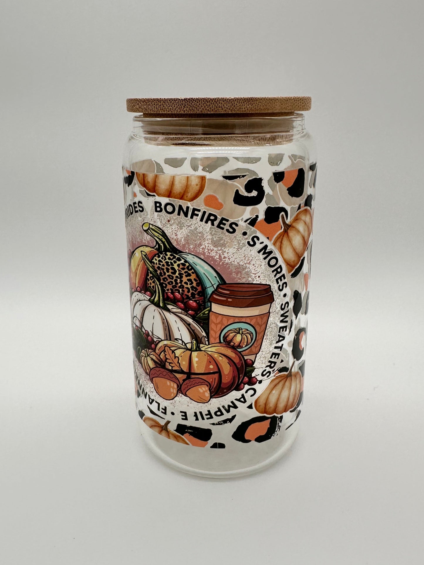 Fall Bonfire Clear Glass Cup -16oz with lid + straw! UV DECAL