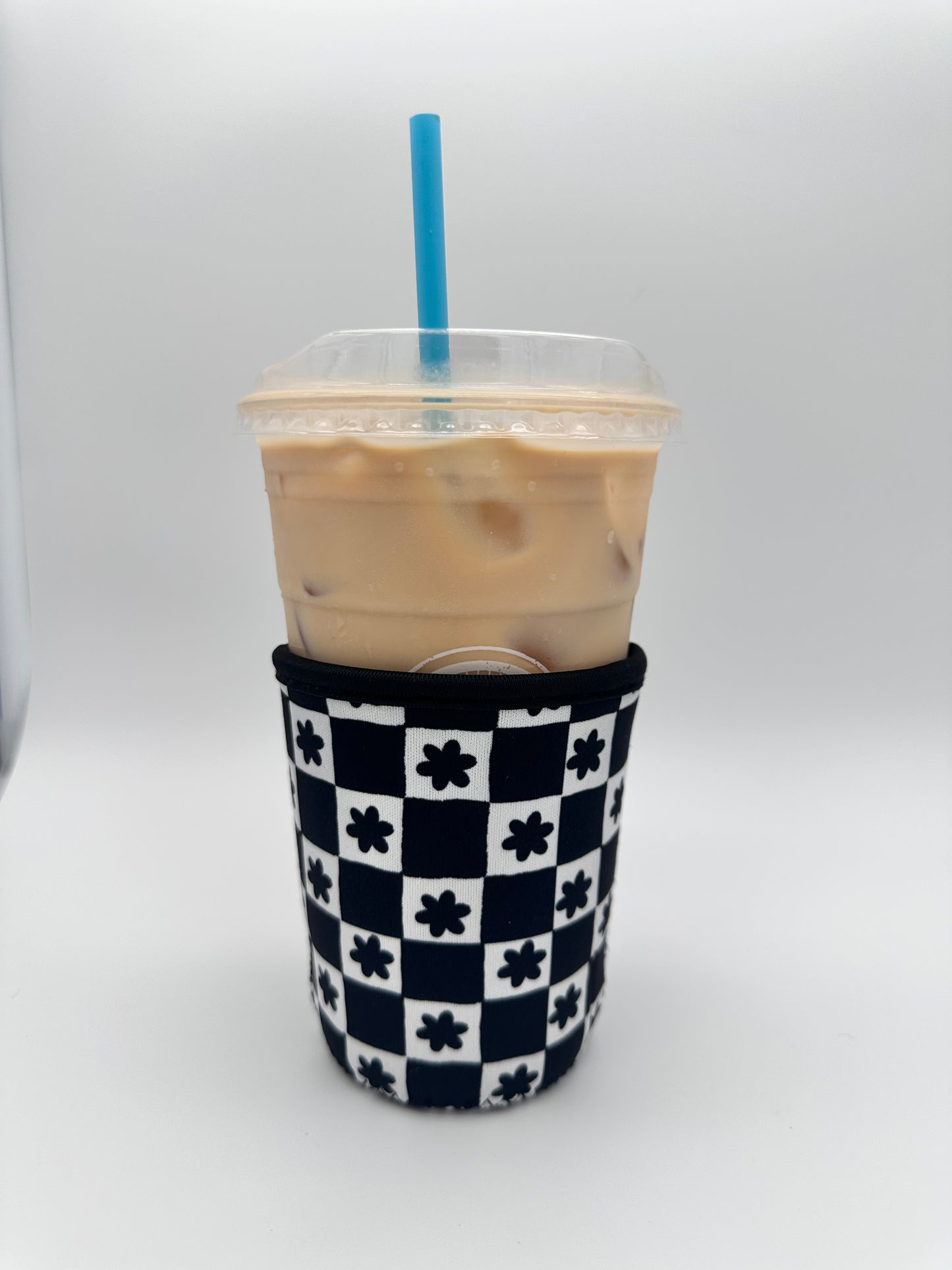 Black Floral Checkered SHORT & TALL Coffee Sleeve Coozies - Sweat Proof & Cute