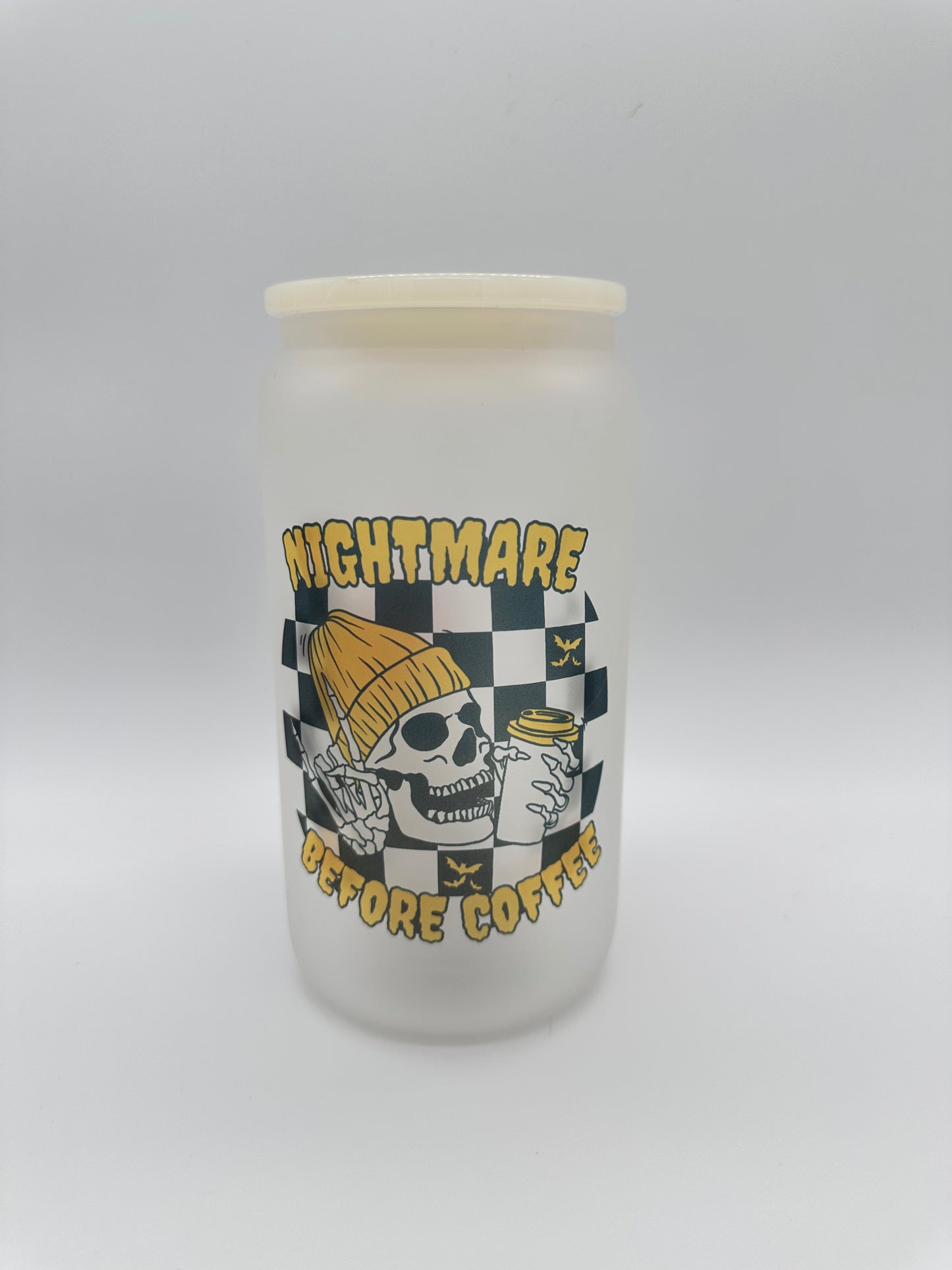 Nightmare Before Coffee Checkered Skeleton Glass Cup -16oz with lid + straw! Sublimation