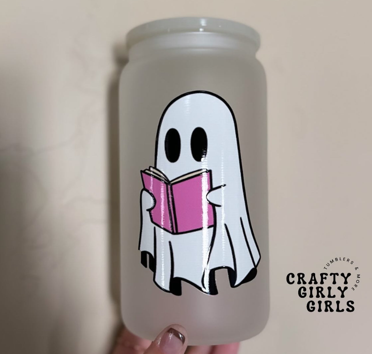 Ghost Book Halloween - UV DECAL 16oz Frosted Glass Cup - Lid + straw included