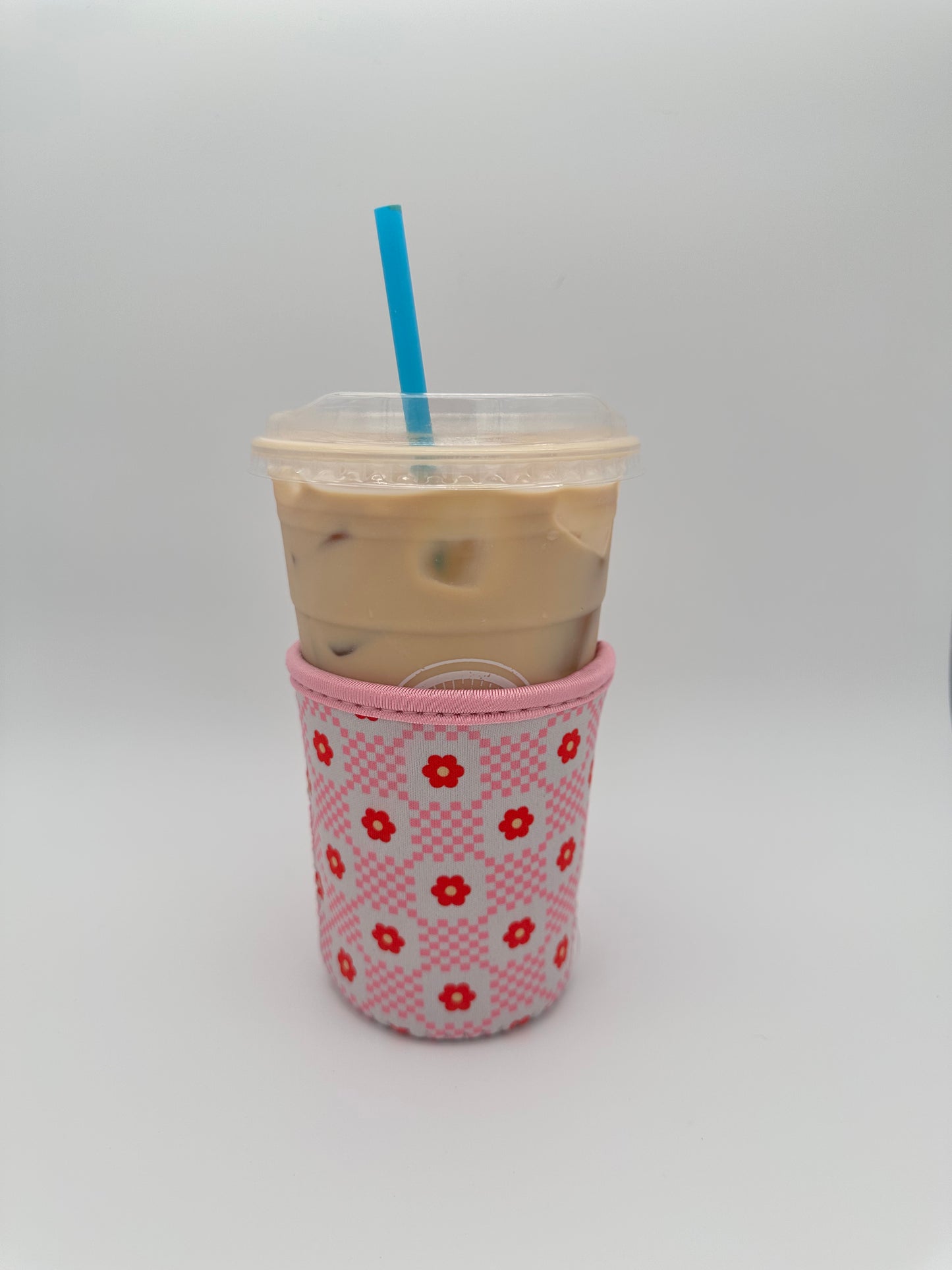 Pink Floral Checkered Coffee Sleeve Coozies - Sweat Proof & Cute