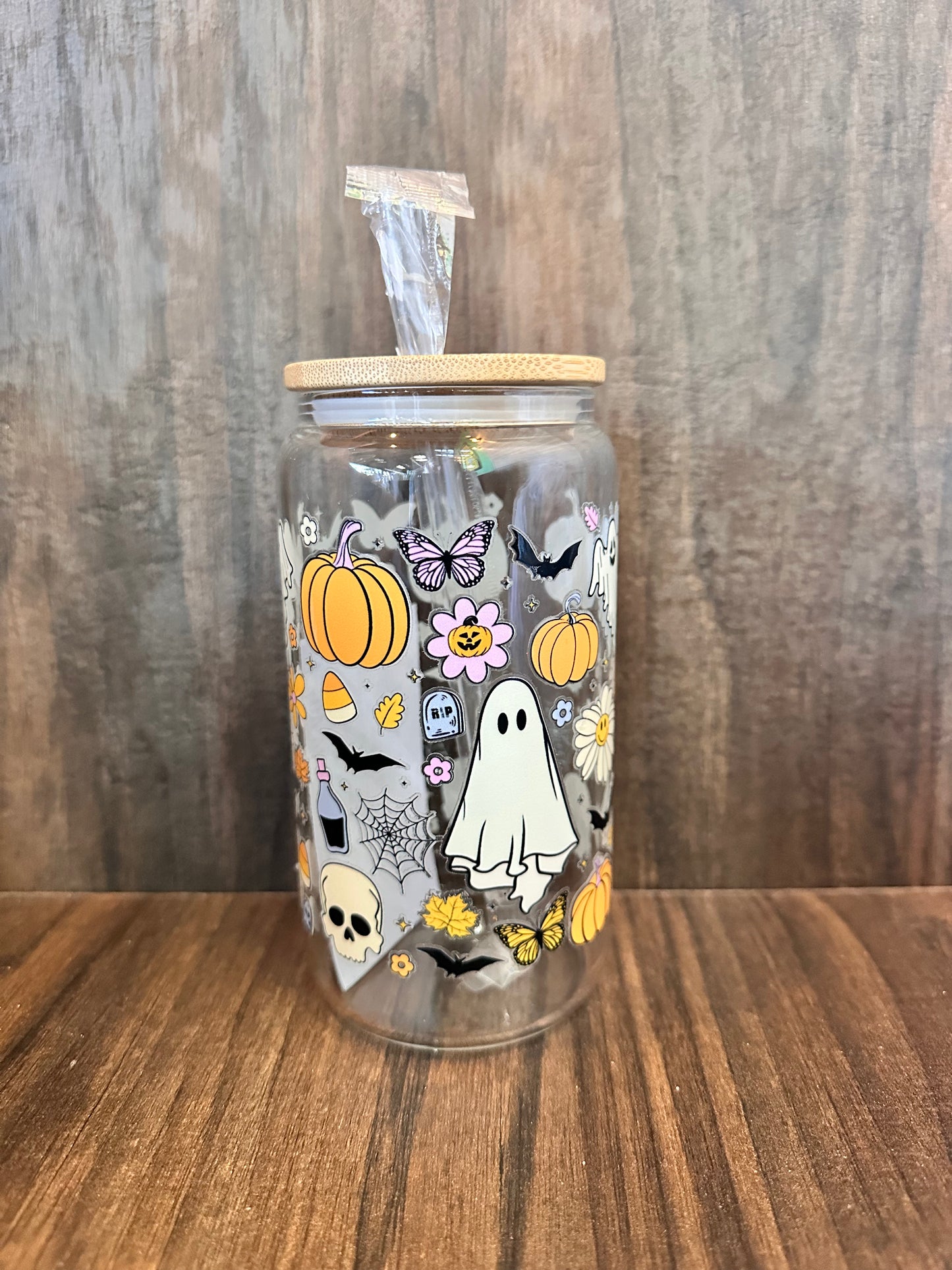 Clear Ghost Halloween - UV DECAL 16oz Frosted Glass Cup - Lid + straw included