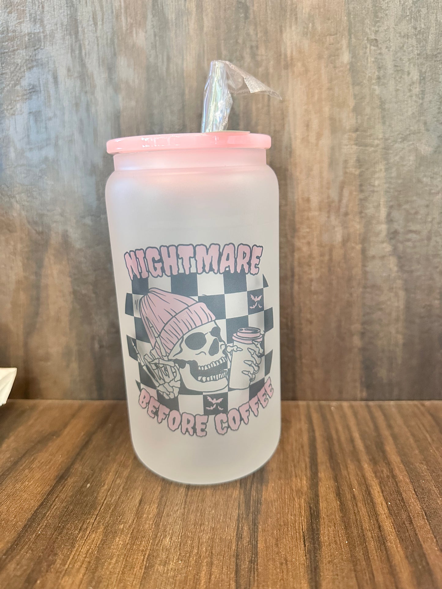 Nightmare Before Coffee Checkered Skeleton Glass Cup -16oz with lid + straw! Sublimation