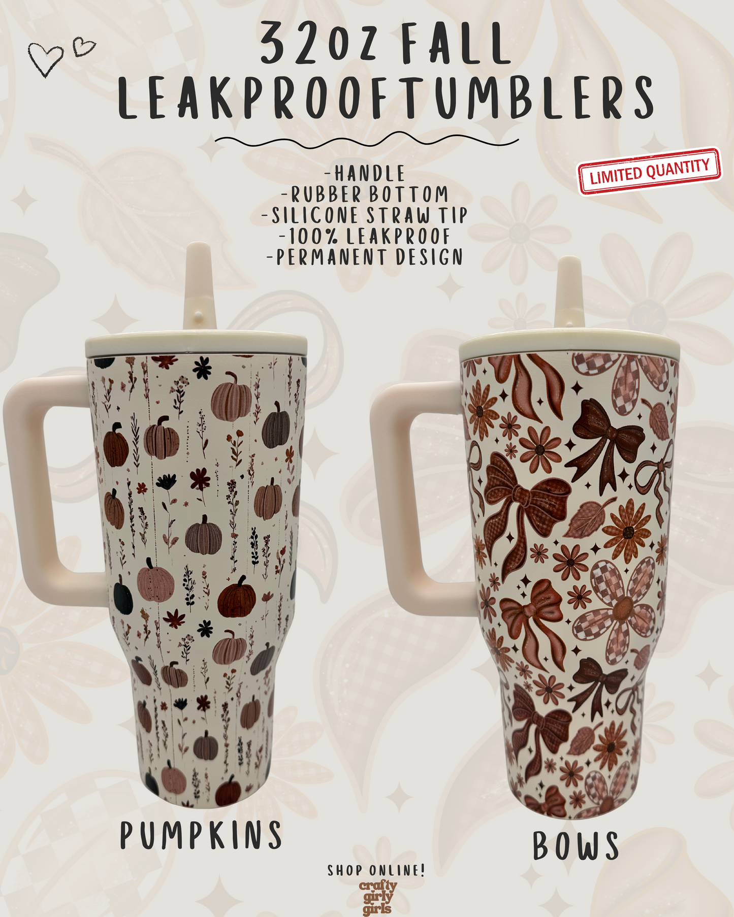 32oz Leak Proof Tumblers - UV Screen Printed - Checkered, Floral, Fall & Christmas