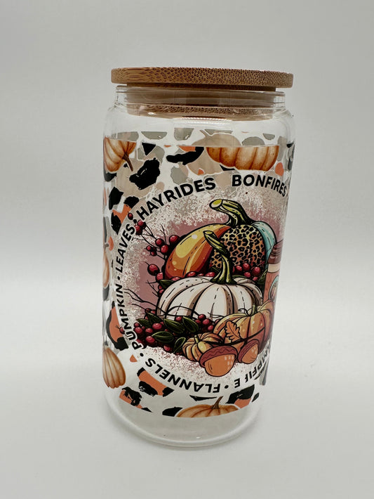 Fall Bonfire Clear Glass Cup -16oz with lid + straw! UV DECAL