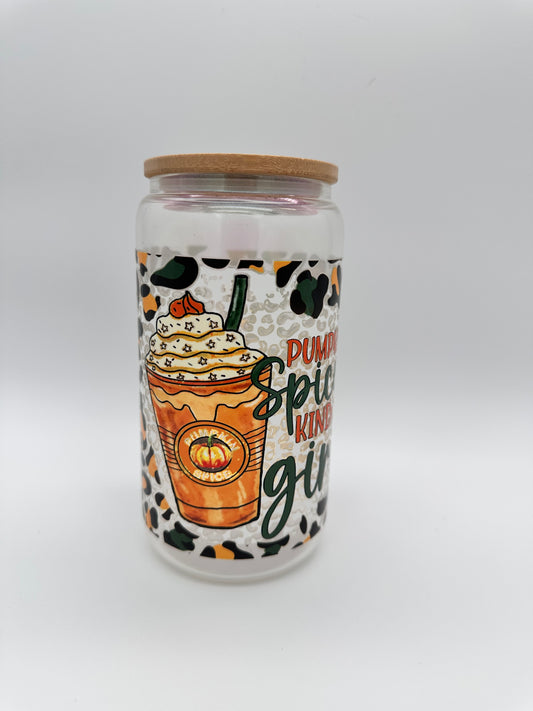 Pumpkin Spice Kinda Girl Green Iridescent Glass Cup -16oz with lid + straw! UV DECAL