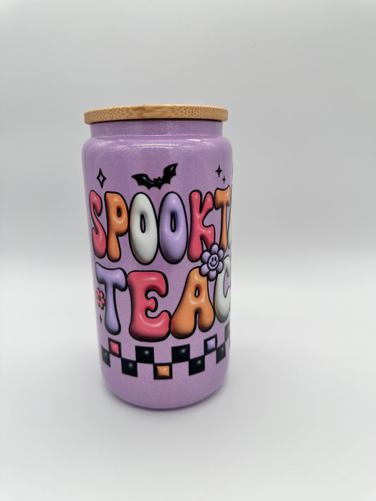 Spooktacular Teacher Purple Shimmer Glass Cup -16oz with lid + straw! UV DECAL