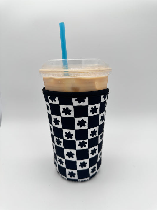 Black Floral Checkered TALL Coffee Sleeve Coozies - Sweat Proof & Cute