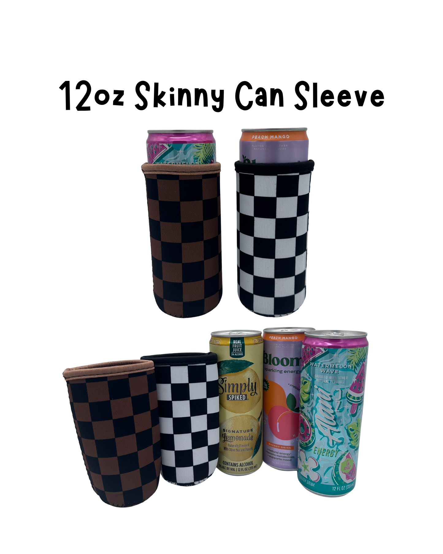 12oz Slim Can Sleeves Sweat Proof Checkered   - Fits Energy Drink, Beer + More