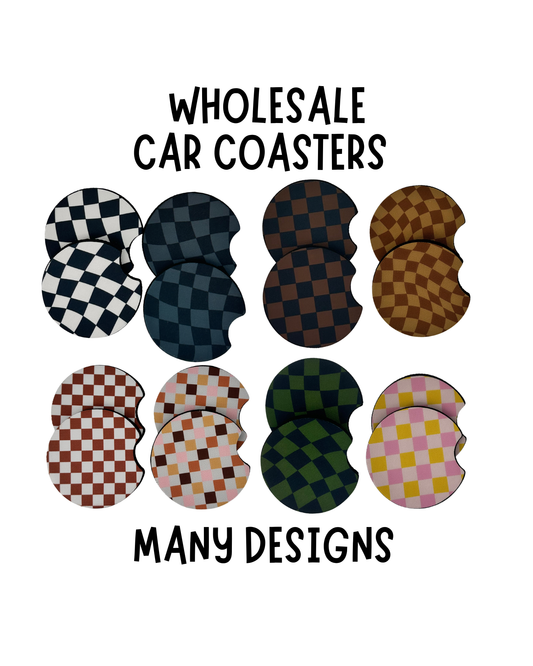 Wholesale 8 pack-  Car Coaster 2pc Set- Unpackaged - Foam Polyester -Made with sublimation - Many Designs