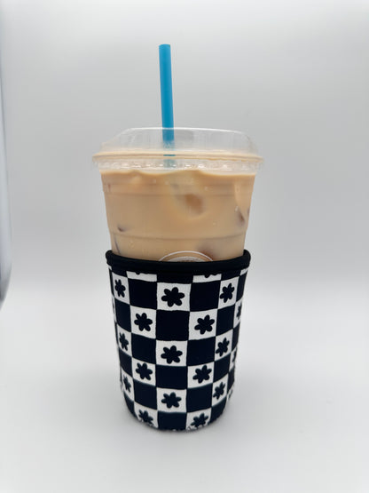 Black Floral Checkered SHORT & TALL Coffee Sleeve Coozies - Sweat Proof & Cute