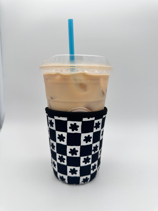 Black Floral Checkered SHORT & TALL Coffee Sleeve Coozies - Sweat Proof & Cute