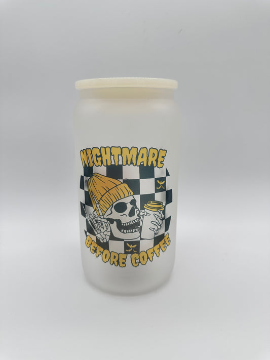 Nightmare Before Coffee Checkered Skeleton Glass Cup -16oz with lid + straw! Sublimation