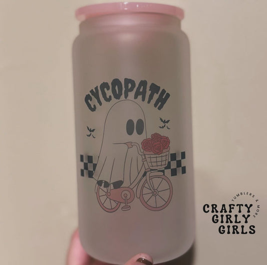 Cycopath Ghost Bike Halloween - 16oz Frosted Glass Cup - Lid + straw included