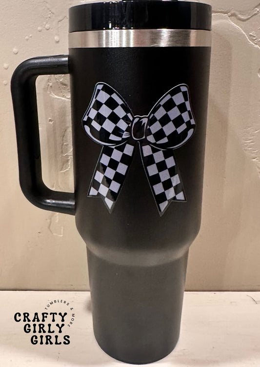 40oz Tumbler - Gray Checkered Bow - UV Decal