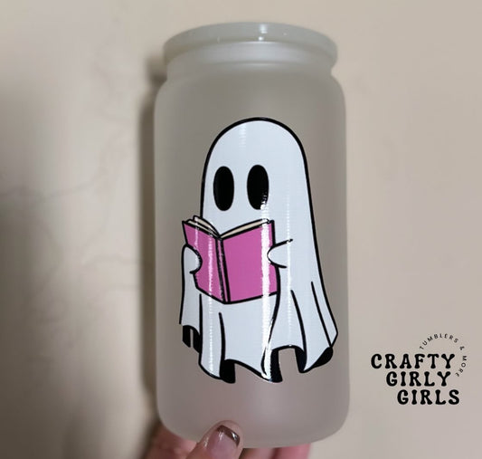Ghost Book Halloween - UV DECAL 16oz Frosted Glass Cup - Lid + straw included