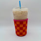 Orange/Pink Checkered Coffee Sleeve Coozie - Sweat Proof & Cute