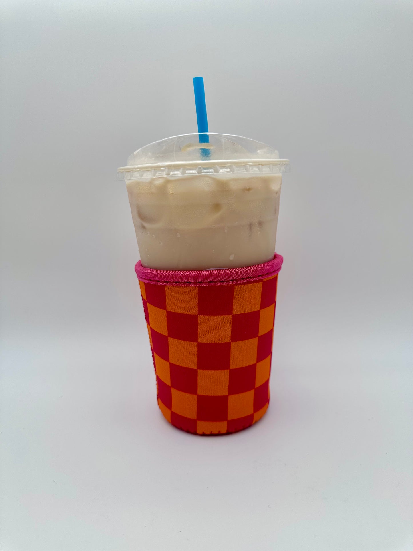 Orange/Pink Checkered Coffee Sleeve Coozie - Sweat Proof & Cute