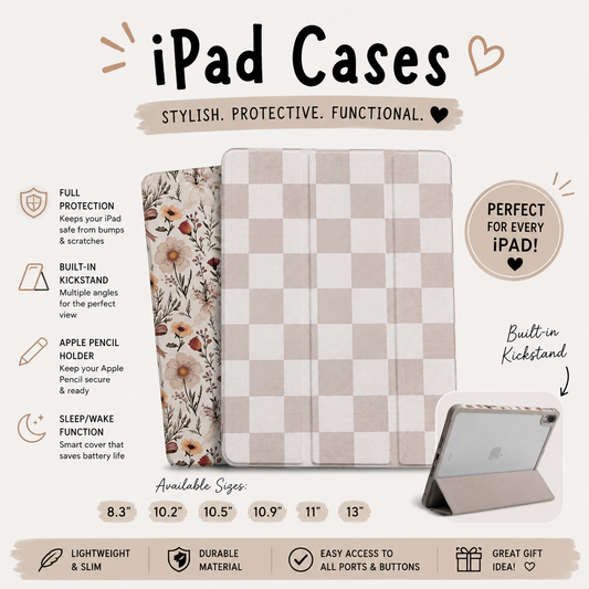 iPad Protective Case | Checkered & Floral Bow Design | Kickstand & Pencil Holder | Full Protection Tablet Case