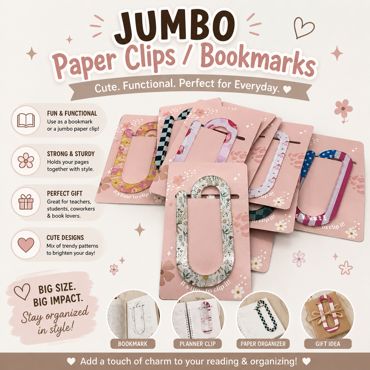 Jumbo Acrylic Paperclips | Bookmark & Paper Organizer