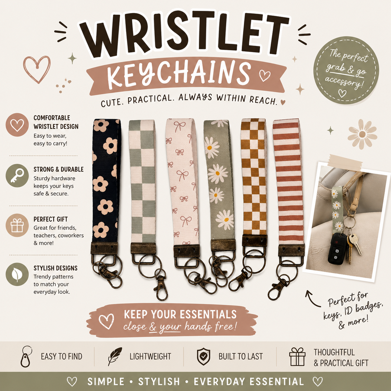 Wrist Keychain Lanyard, Car Fob Holder. Wristlet Keychain, Checkered, Bows, Floral Designs. Canvas Thick Material Durable
