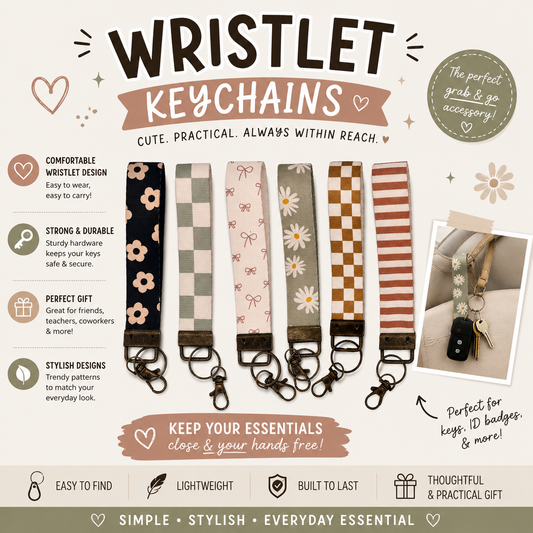 Wrist Keychain Lanyard, Car Fob Holder. Wristlet Keychain, Checkered, Bows, Floral Designs. Canvas Thick Material Durable