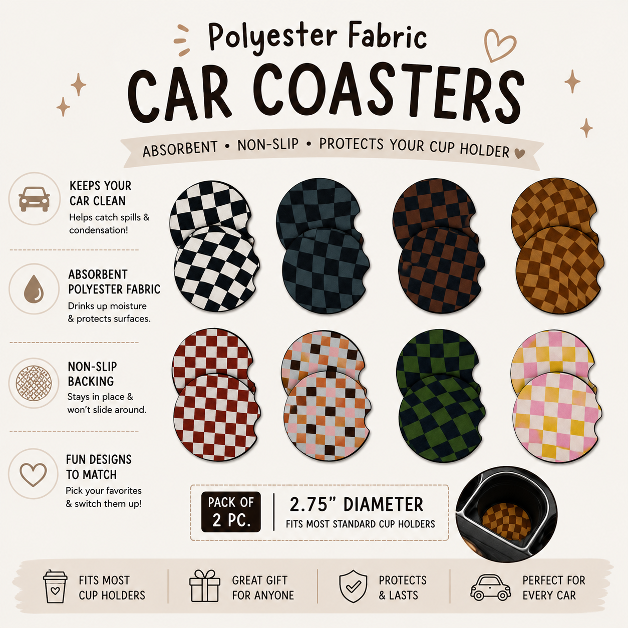 Car Coaster 2pc 1 Pack Set - Foam Polyester -Handmade with Sublimation - Many Designs -1 pack
