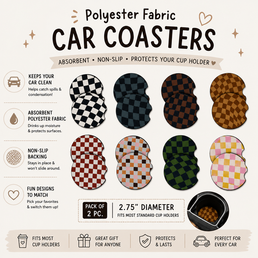 Car Coaster 2pc 1 Pack Set - Foam Polyester -Handmade with Sublimation - Many Designs -1 pack