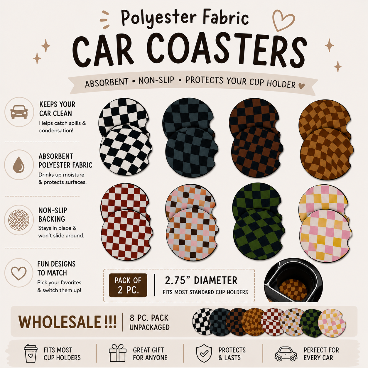 Wholesale 8 pack-  Car Coaster 2pc Set- Unpackaged - Foam Polyester -Made with sublimation - Many Designs