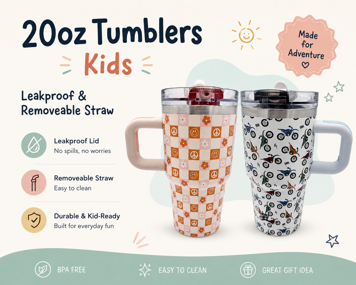 20oz KIDS Leakproof Tumbler w/ Removable Straw