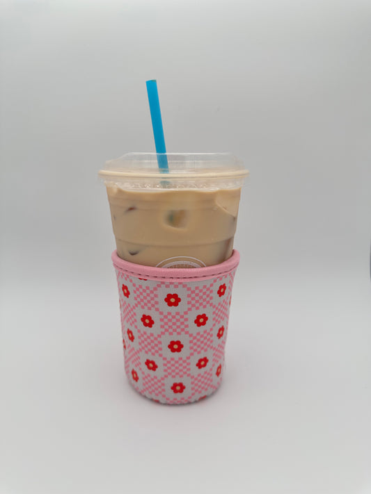 Pink Floral Checkered Coffee Sleeve Coozies - Sweat Proof & Cute