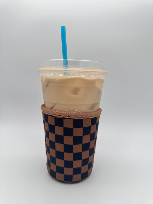 Brown/Black Checkered Coffee Sleeve Coozies - Sweat Proof & Cute