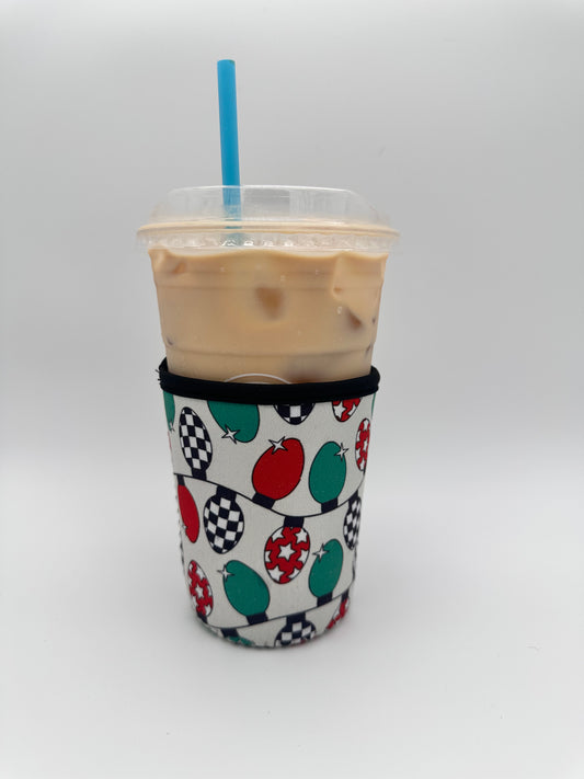 Christmas Light Bulbs Checkered Coffee Sleeve Coozies - Sweat Proof & Cute