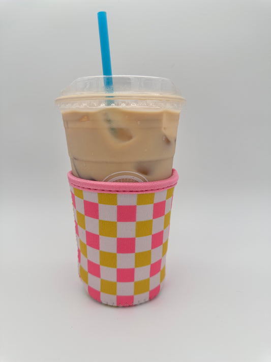 Hot Pink/Yellow Checkered Coffee Sleeve Coozies - Sweat Proof & Cute