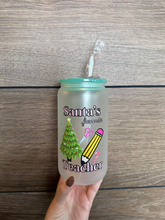 Santa’s Favorite Teacher - Frosted 16oz Glass Cup
