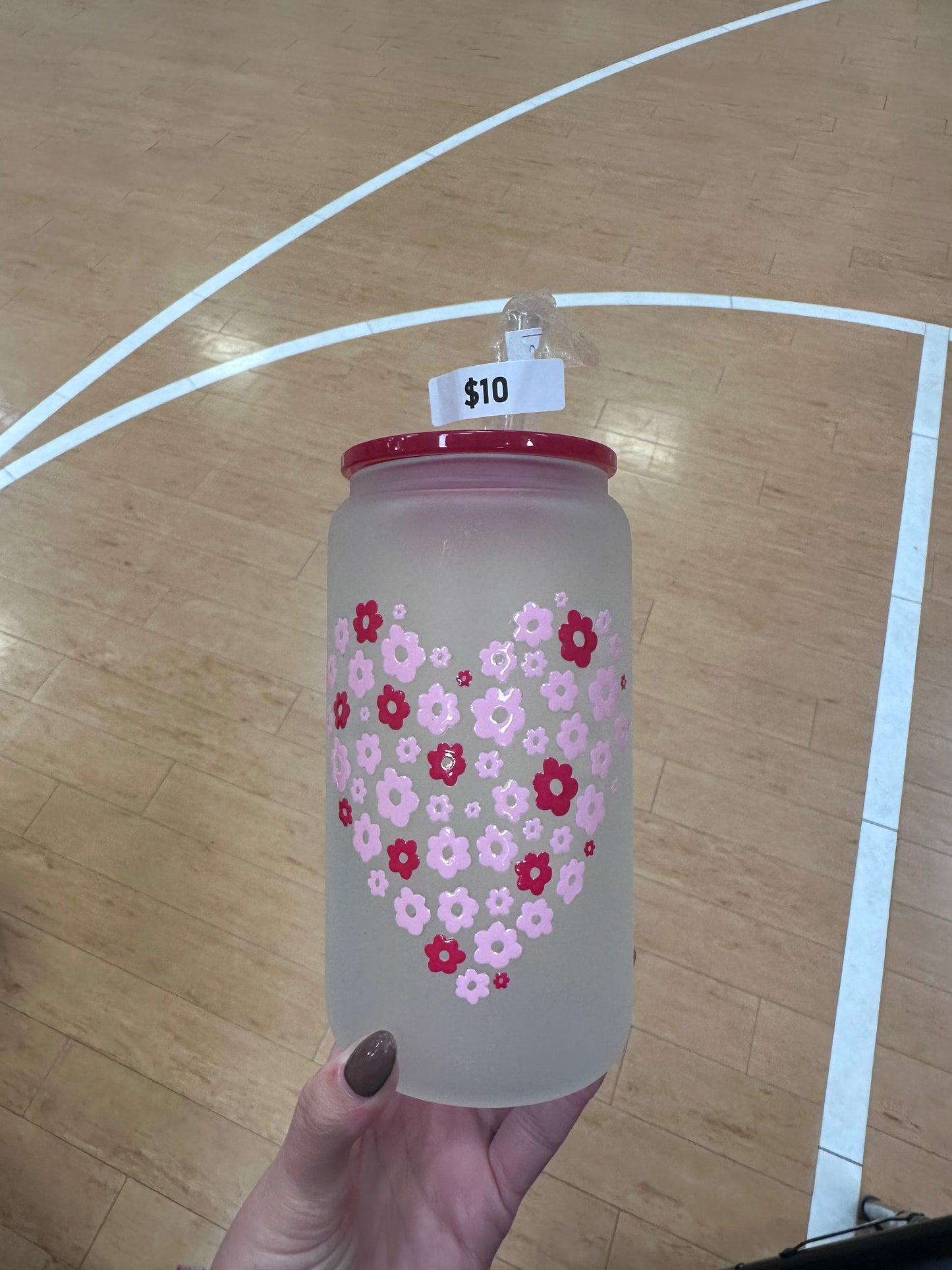 Pink/Red Floral Hearts Glass Cup -16oz with lid + straw! UV DECAL